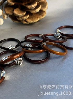 西藏山南鸡血藤戒指环女男士情侣不掉色简约藏银天然细木戒子批发