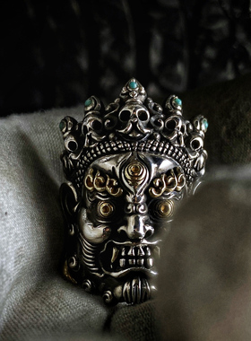 渡鸦护法神大黑天925银嵌金戒指