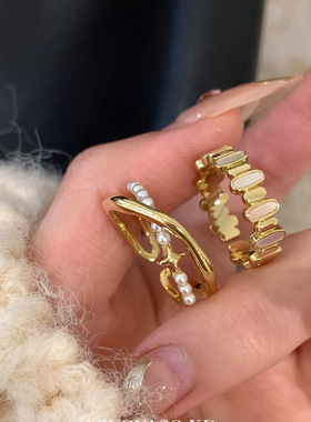 「嗔三酱」新品轻奢感珍珠贝母双层交叉戒指女春夏小众设计食指戒