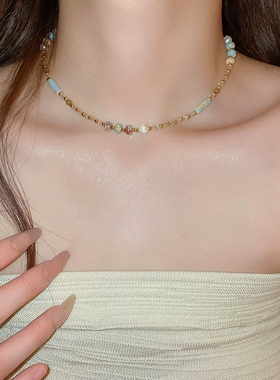 「嗔三酱」多巴胺米珠珍珠圆柱串珠项链时尚气质小众锁骨链个性