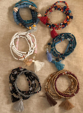 「嗔三酱」春夏波西米亚风小米珠多层串珠手链女民族风缠绕串珠女