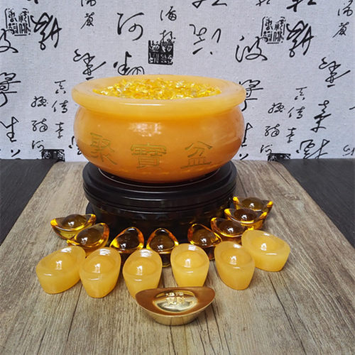 九星转动黄玉聚宝盆摆件德明敬制转动聚宝盆招财客厅玄关玉石摆件 - 图1