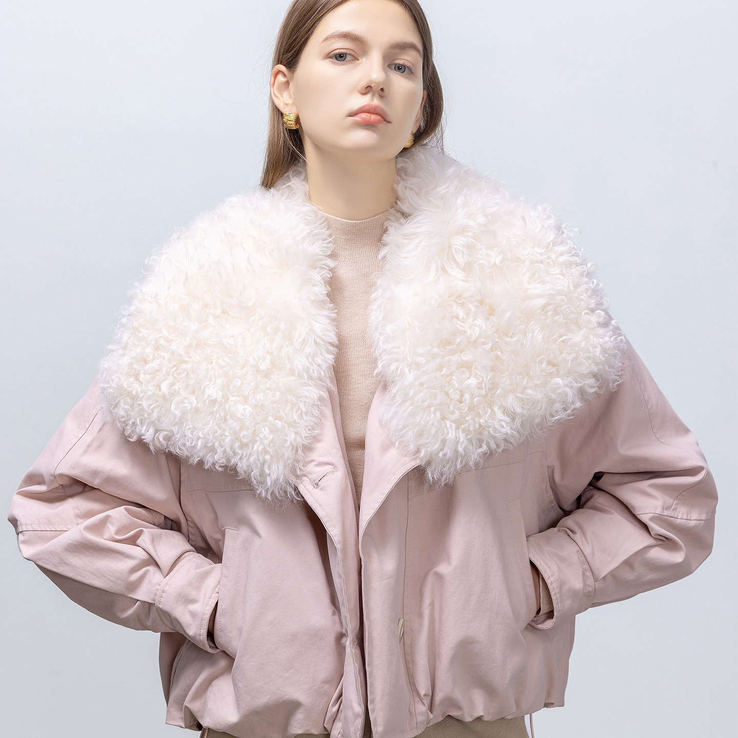 GHJOD studio 胎羊卷毛皮毛一体90白鹅绒羽绒服宽松休闲派克服女,淘宝优惠券,粉丝福利购,淘宝优惠卷