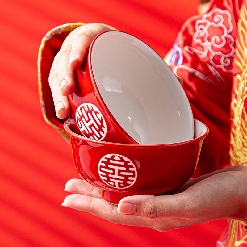 中式金边双喜结婚陶瓷红色碗筷勺套装礼盒娘家陪嫁高脚碗高档回礼,淘宝优惠券,粉丝福利购,淘宝优惠卷