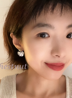 法式银杏叶爱心锆石耳坠 温柔白贝光泽扇形耳钉小众精致耳饰
