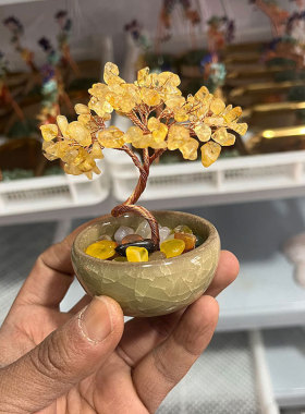 天然黄水晶发财树摆件