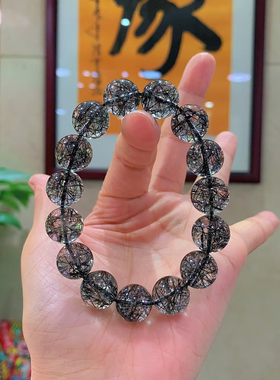 天然黑发晶单圈手链手串自然光实拍发丝浓密硬发粗发顺发男女款