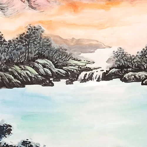 手绘客厅山水画挂画背景墙国画装饰画旭日东升字画办公室沙发壁画 - 图1