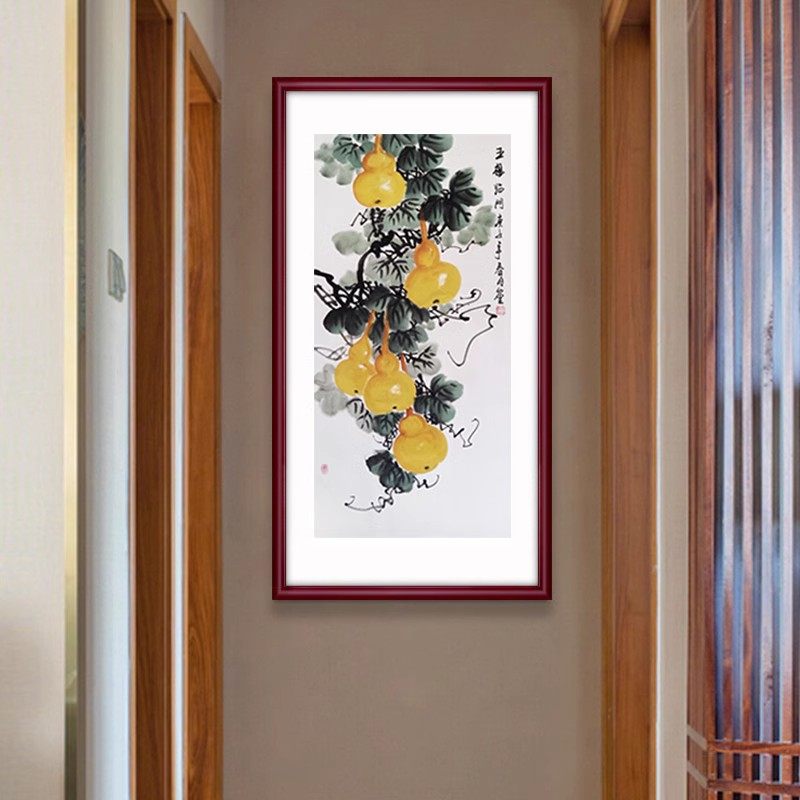 五福临门国画纯手绘中式玄关过道装饰挂画客厅餐厅竖版福禄画葫芦,淘宝优惠券,粉丝福利购,淘宝优惠卷