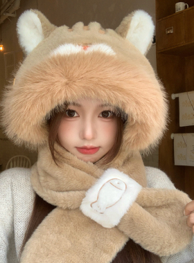 冬季女小猫耳毛绒护耳保暖帽围巾