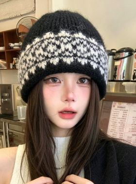 费尔岛花纹秋冬女保暖冷帽针织帽