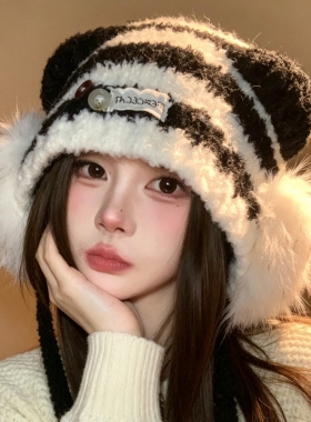 韩系系带毛绒保暖防寒针织帽女