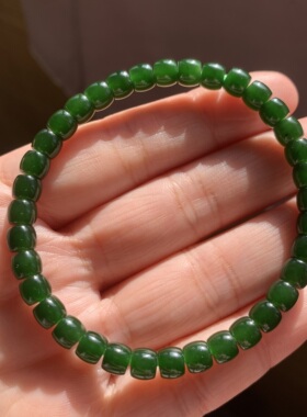 和田玉碧玉手链俄罗斯七号矿红皮老料菠菜绿直切手链老形珠无黑点