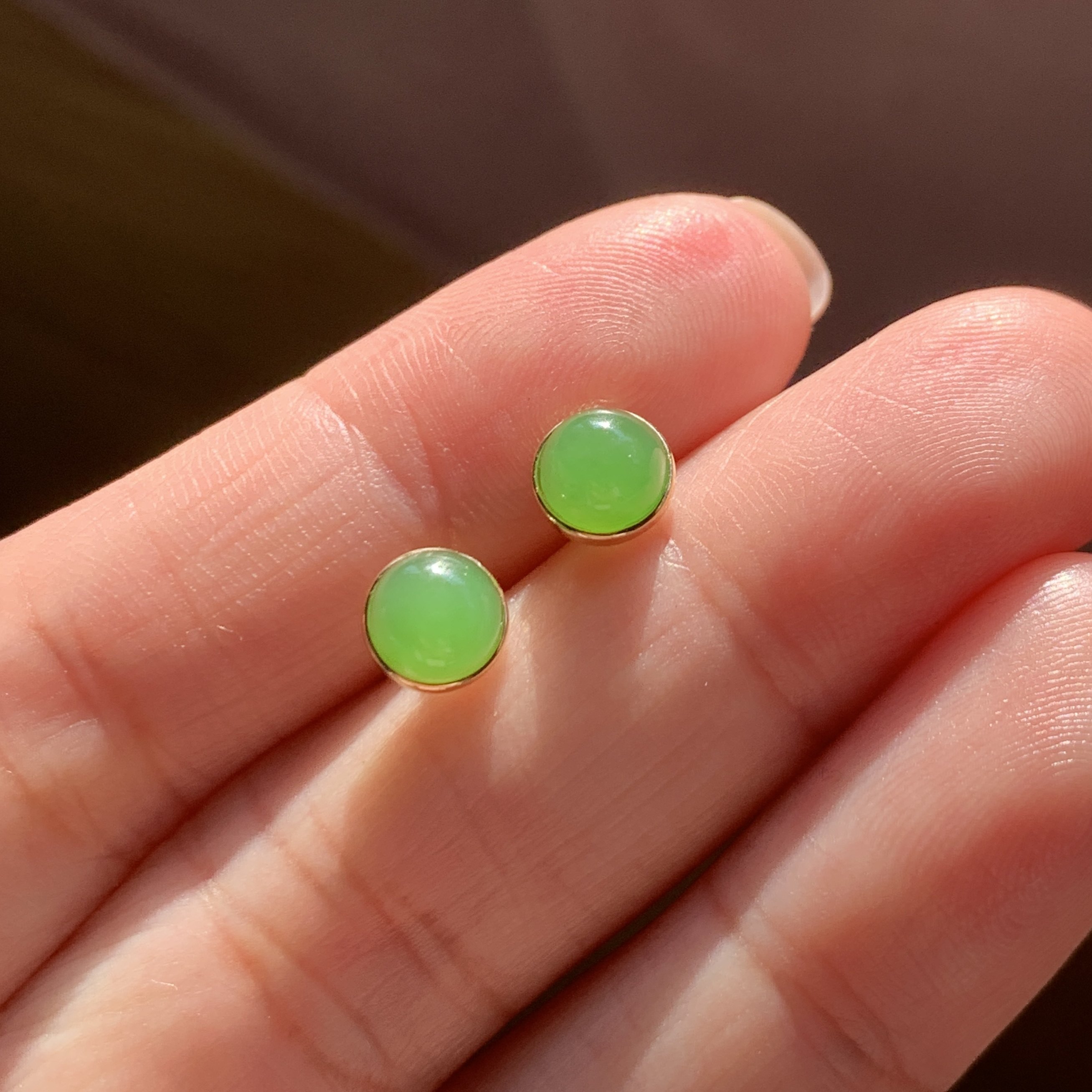 和田玉碧玉苹果绿耳钉乌兰乌德苹果绿圆面耳钉耳饰耳环18k金6mm,淘宝优惠券,粉丝福利购,淘宝优惠卷