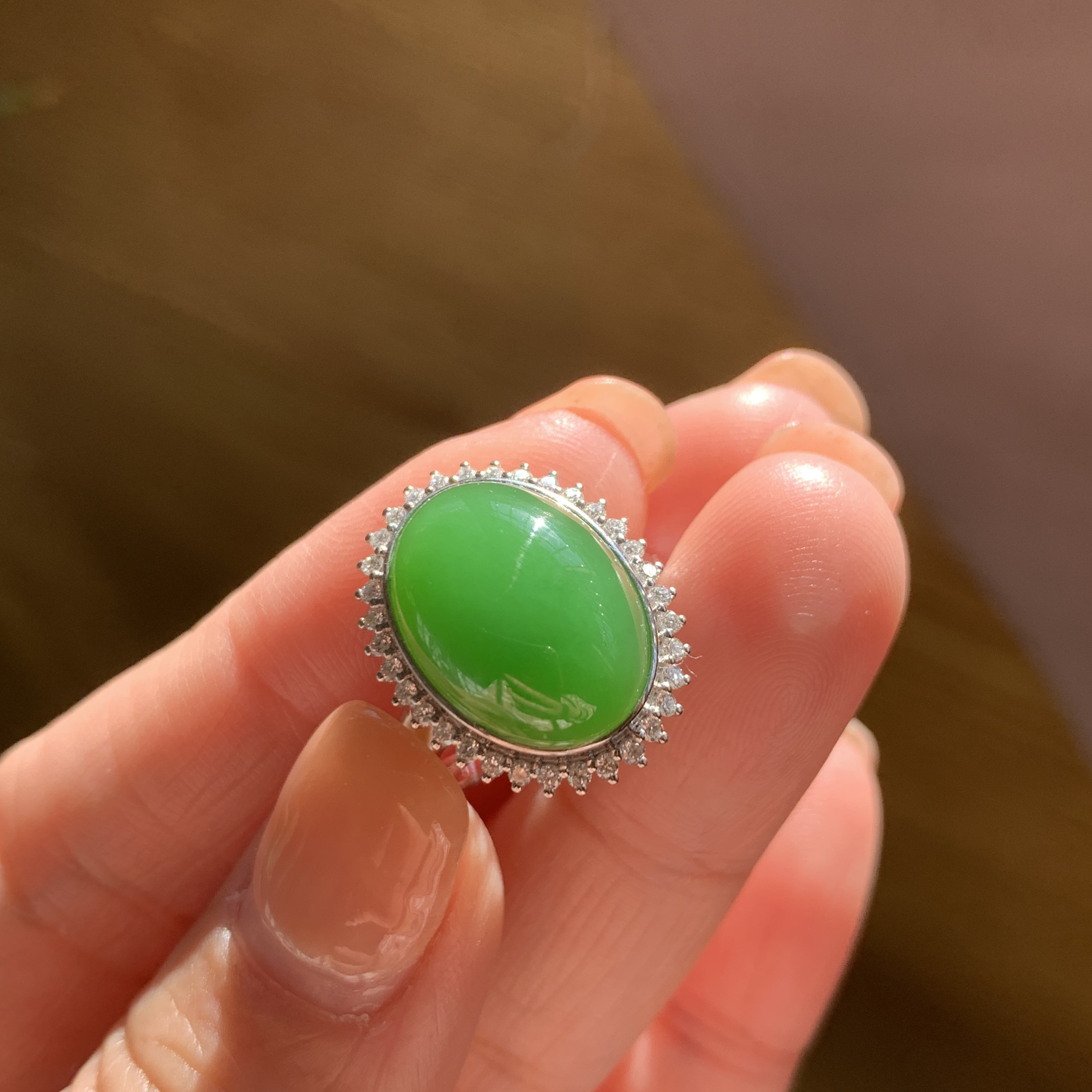 Hotan Jade Jasper Apple Green Ring Extremely High Color Ulan-Ude Apple Green Large Ring 18k White Gold Natural Diamond