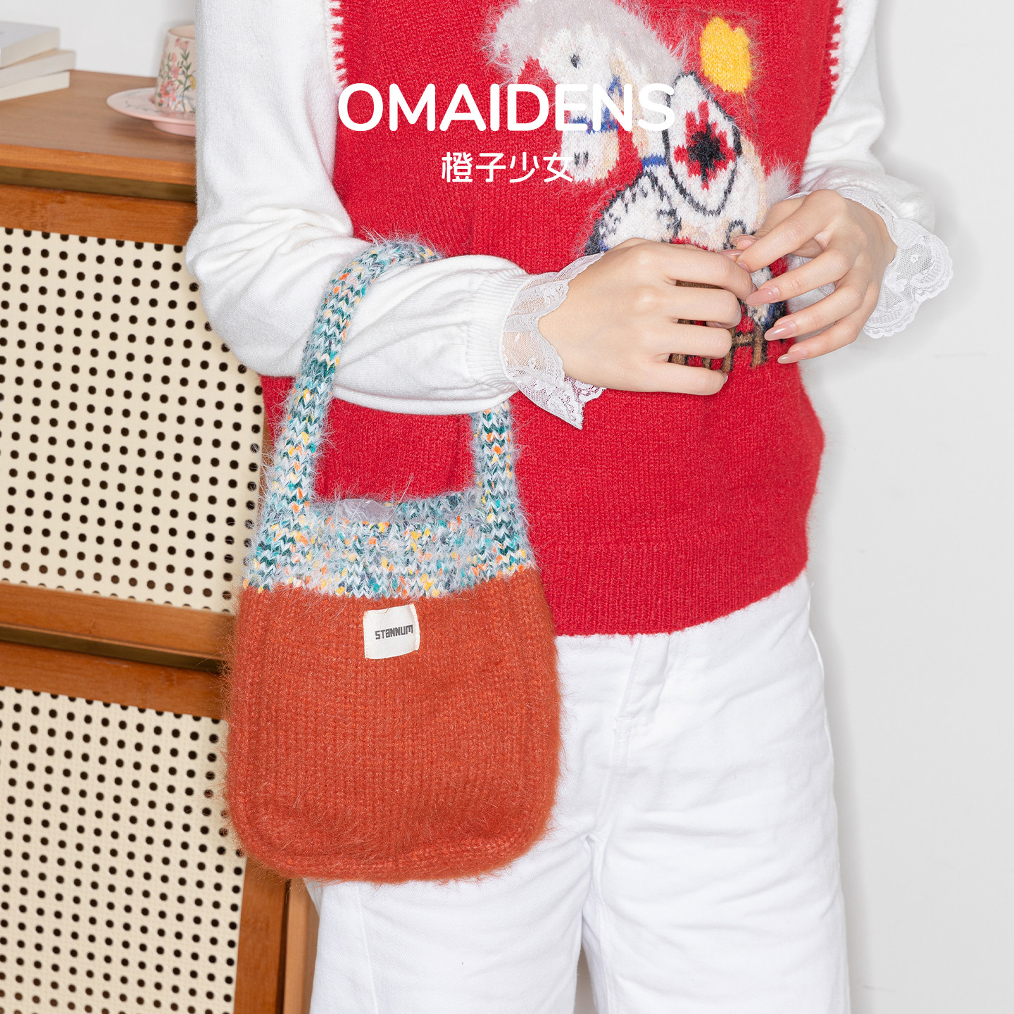 橙子少女韩系可爱撞色编织毛线女包2025秋冬新款毛绒包小众手提包