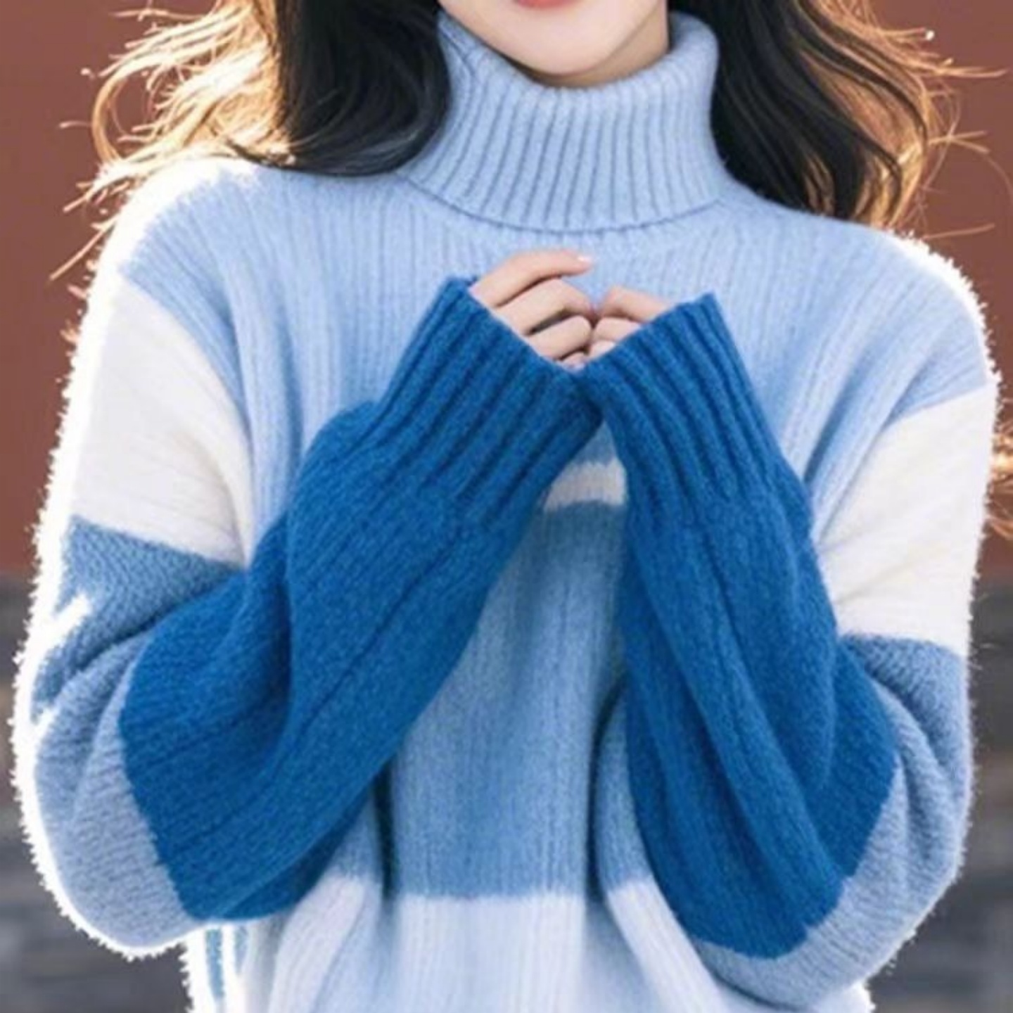 白领哥弟新2025秋冬高级感撞色条纹高领针织衫女软糯慵懒风上衣 - 图0