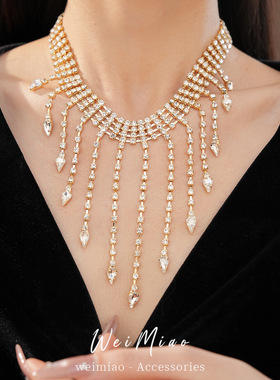 跨境新品简约长流苏项链 欧美奢华百搭水滴水晶颈链项饰necklace