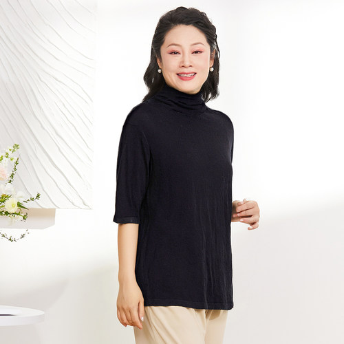 胖太太大码女装秋季新品绵羊毛高领打底针织衫五分袖625302610 - 图1