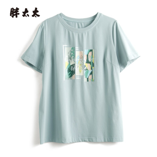 胖太太大码女装夏装新品抽象图案上衣短袖T恤宽松舒适潮324224010 - 图0