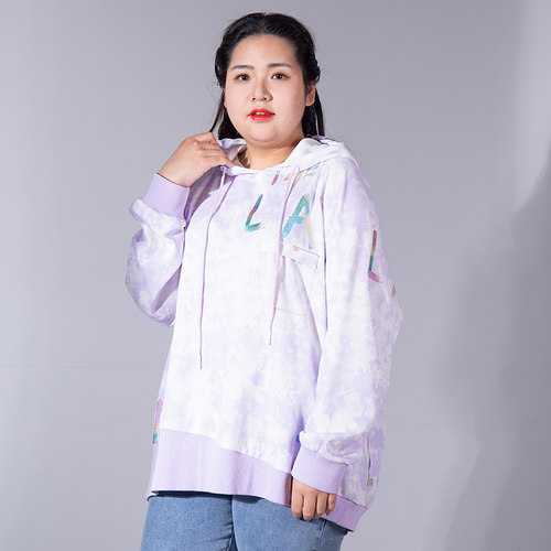 胖太太大码女装春装新款花色连帽字母卫衣时尚上衣宽松322204312 - 图0