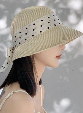 法式优雅卷边草帽女夏季户外大檐