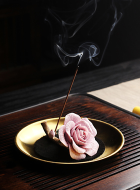 手工陶瓷山茶花香插桌面摆件