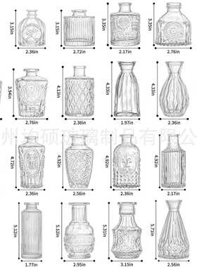 热销复古玻璃花瓶插画高级感香薰瓶 透明ins风摆件小花瓶套装