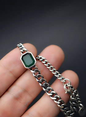 日韩系东大门S925银饰品复古潮人轻奢深绿色方形锆石手链YLS0081