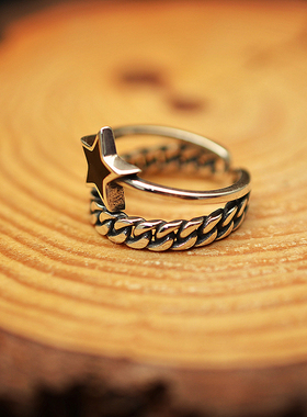 日韩系东大门S925银饰品素银锁链黑玛瑙五星长方形戒指YJZ0284