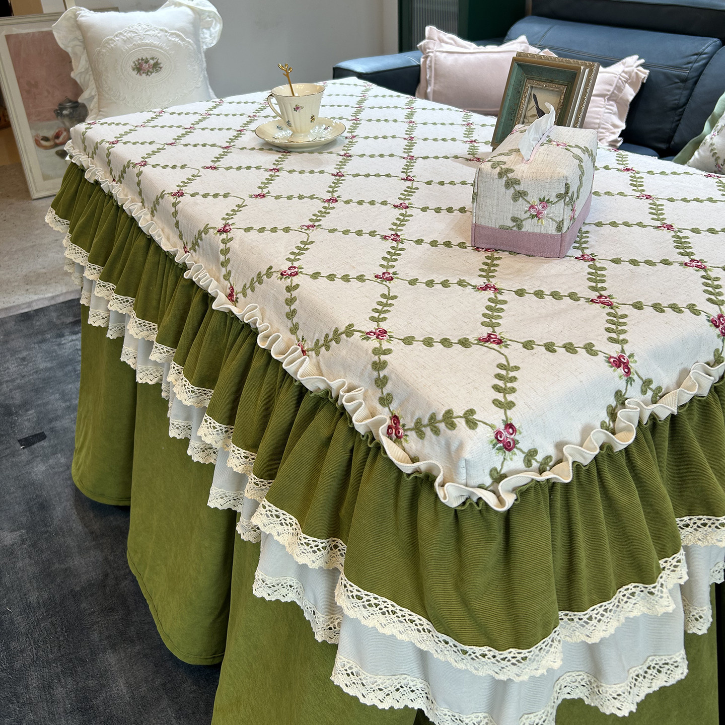 新款藕粉绣花森系桌布套正方长方形电暖炉烤火被布套加绒加厚桌罩,淘宝优惠券,粉丝福利购,淘宝优惠卷