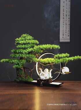 中式客厅盆景迎客松绿植造景摆件办公室室内盆栽玄关桌面装麦太保
