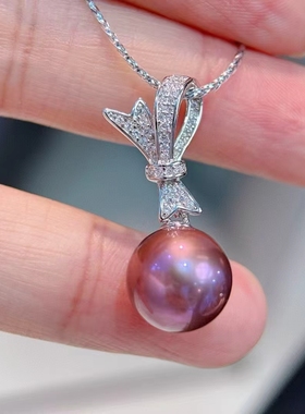 少女蝴蝶结吊坠11-12紫色爱迪生正圆精工纯银k金吊坠项链高级轻奢