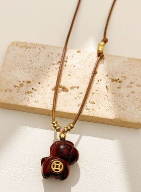 德国【设计师】Mihmily 复古檀木*马上有钱*吊坠项链女抽拉可调节