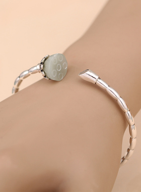 民族风女足银和田玉莲蓬手镯莲藕