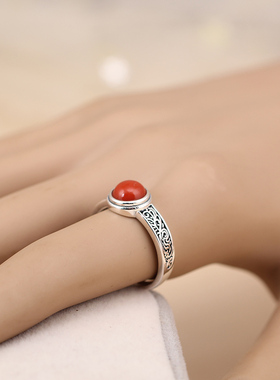 紫蝉女925纯银民族镶嵌南红戒指