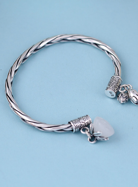 s999复古风编织麻花吊坠足银手镯