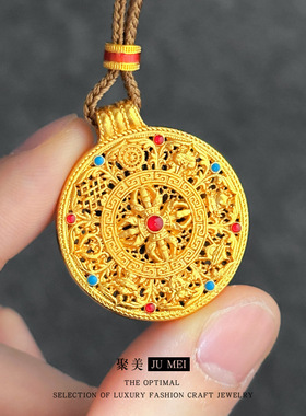 韦雪同款黄金色八宝罗盘金刚杵珐琅吊坠女沙金编绳项链毛衣链批发