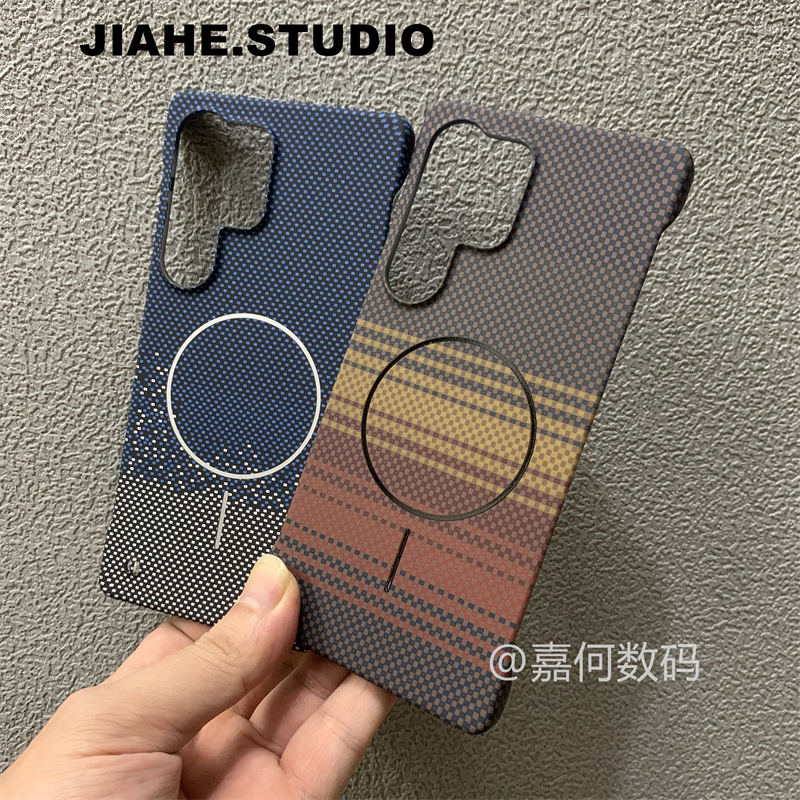 无边框日落月升适用三星s24Ultra手机壳磁吸s23Ultra仿碳纤维纹凯夫拉问s25Ultra硬壳半包保护壳轻奢商务轻薄 - 图1