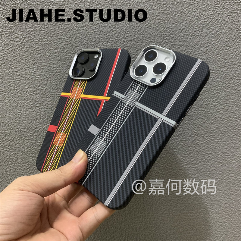 撞色条纹碳纤维纹理PC材质适用iPhone16proMax手机壳磁吸充电苹果15proMax硬壳14proMax浮雕13保护壳轻奢肤感 - 图0