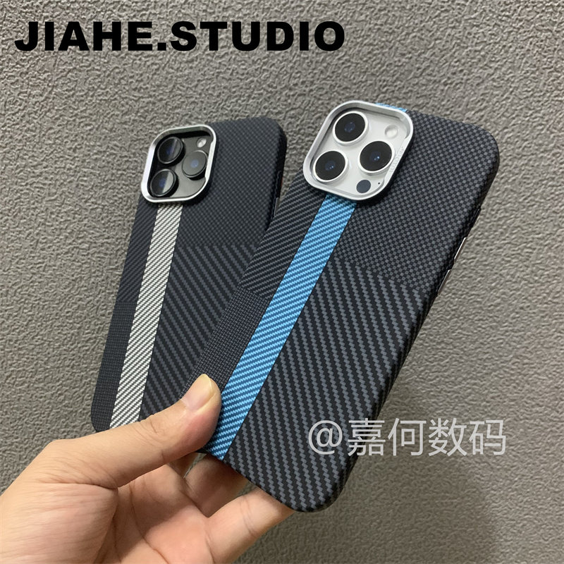 撞色条纹碳纤维纹理PC材质适用iPhone16proMax手机壳磁吸充电苹果15proMax硬壳14proMax浮雕13保护壳轻奢肤感 - 图1