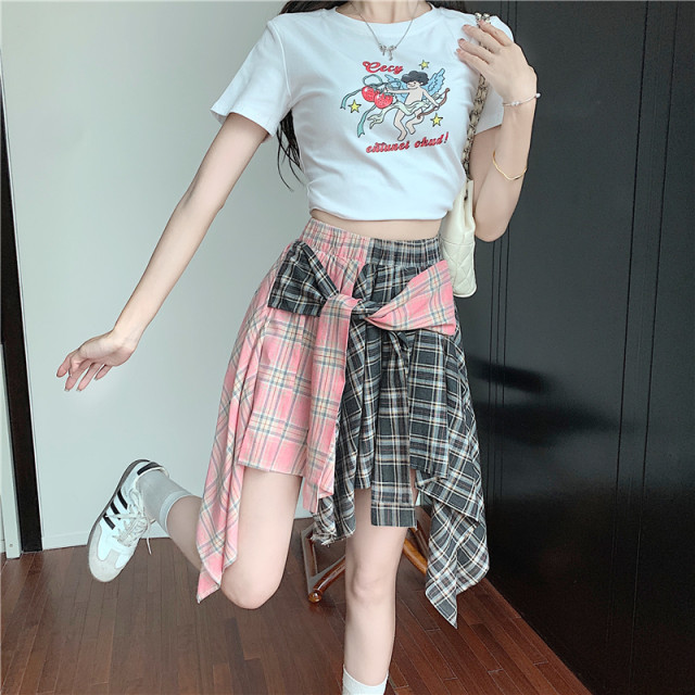 Short skirt American irregular plaid strap dance skirt