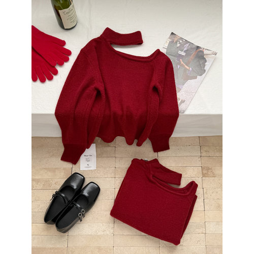 春也设计感挂脖斜肩红色圣诞跨年毛衣长袖针织衫女秋冬宽松内搭 - 图0