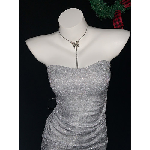 【Peach heart】包臀裙闪粉新品性感V领抹胸连衣裙夜店*会掉闪粉 - 图1