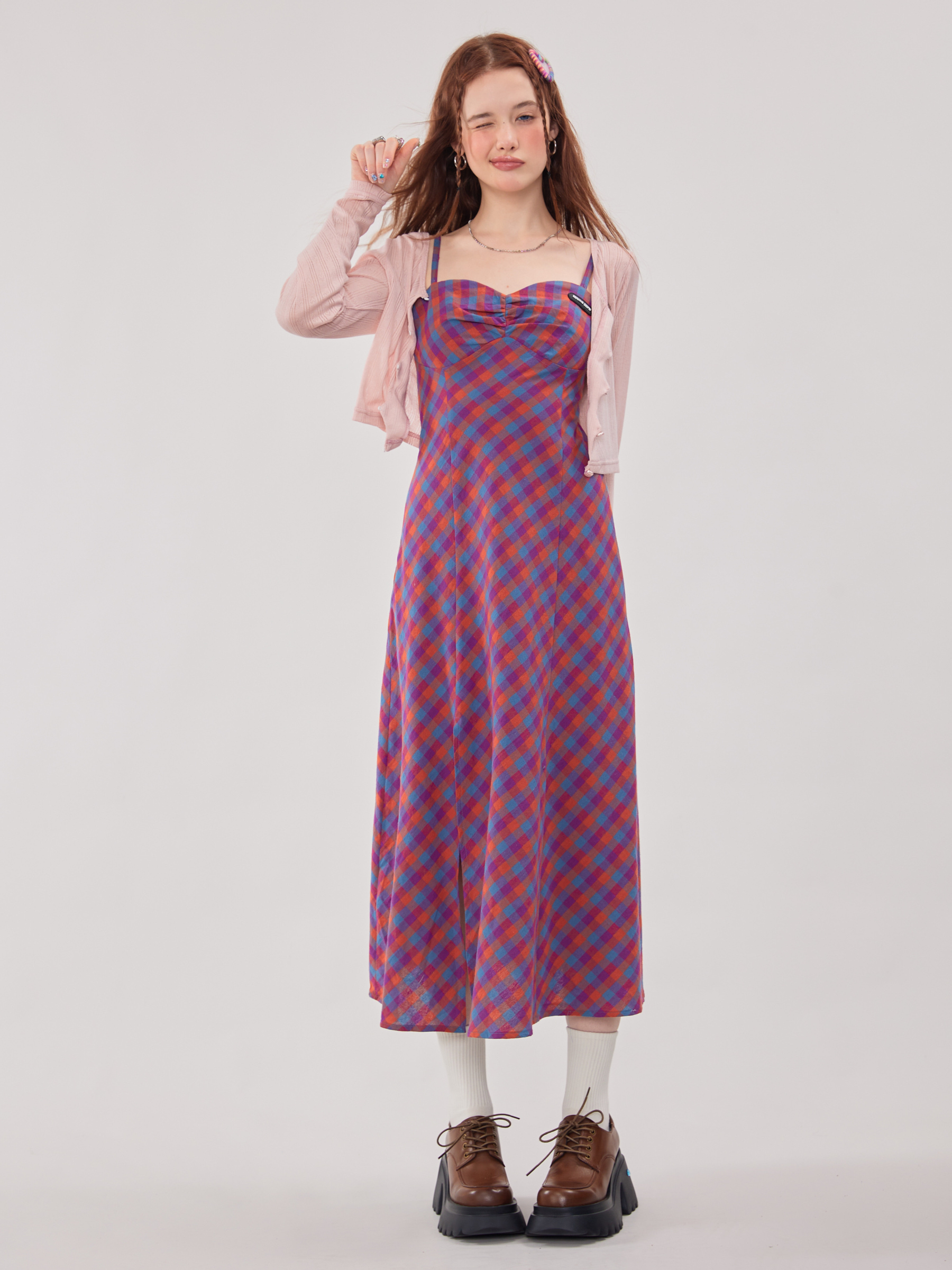 ziziFei夏季美式复古撞色紫色格纹收腰开叉长裙吊带格子连衣裙女-图2