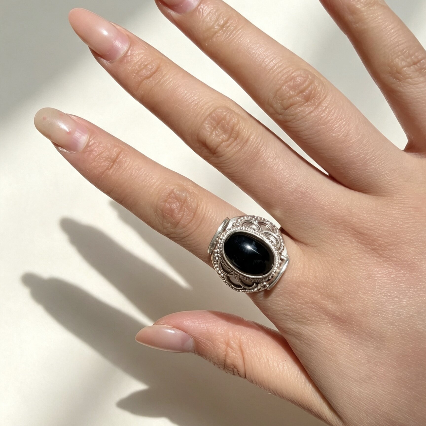 Nepalese handmade S925 silver jewelry black agate ring women's open ring men's popular simple retro ethnic style