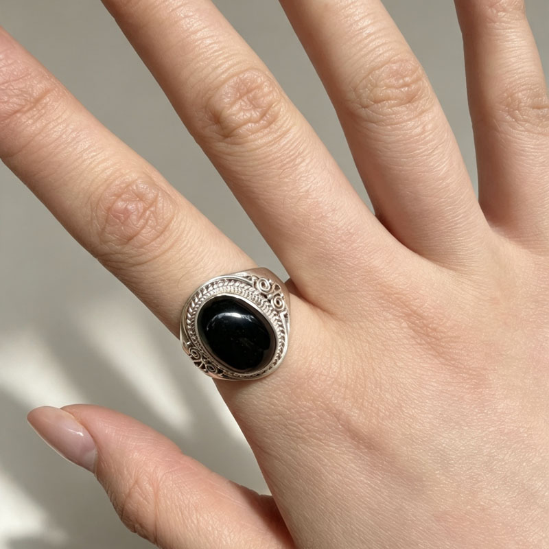 Nepalese handmade S925 silver jewelry black agate ring women's open ring men's popular simple retro ethnic style