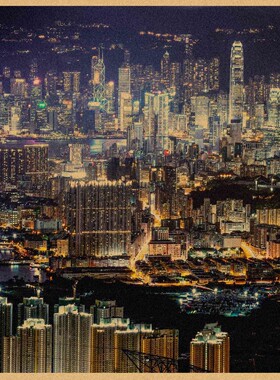 港式老街景夜景海报港式餐厅墙画