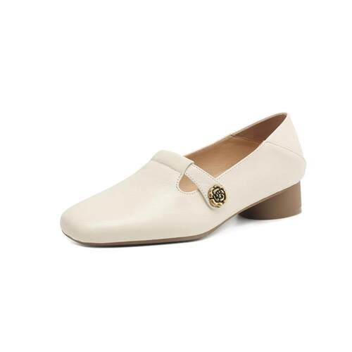 品牌山茶花羊皮粗跟单鞋女鞋2025春季新款真皮软底中老年乐福鞋 - 图3