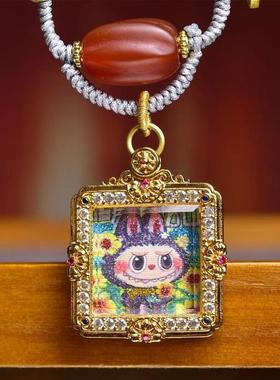 潮流唐卡拉布布吊坠毛衣链可调节宝瓶天珠老玛瑙配饰编织绳项链